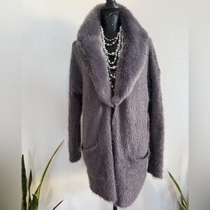Knox Rose Gray Cardigan Sweater With Removable Faux Fur Collar Size M